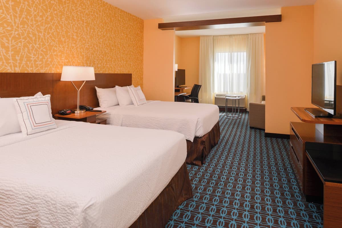 A hotel room with two beds, a desk, a chair, a television, and a patterned carpet.