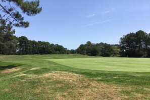 A golf course with a clear sky, well-maintained grass, and trees in the background.