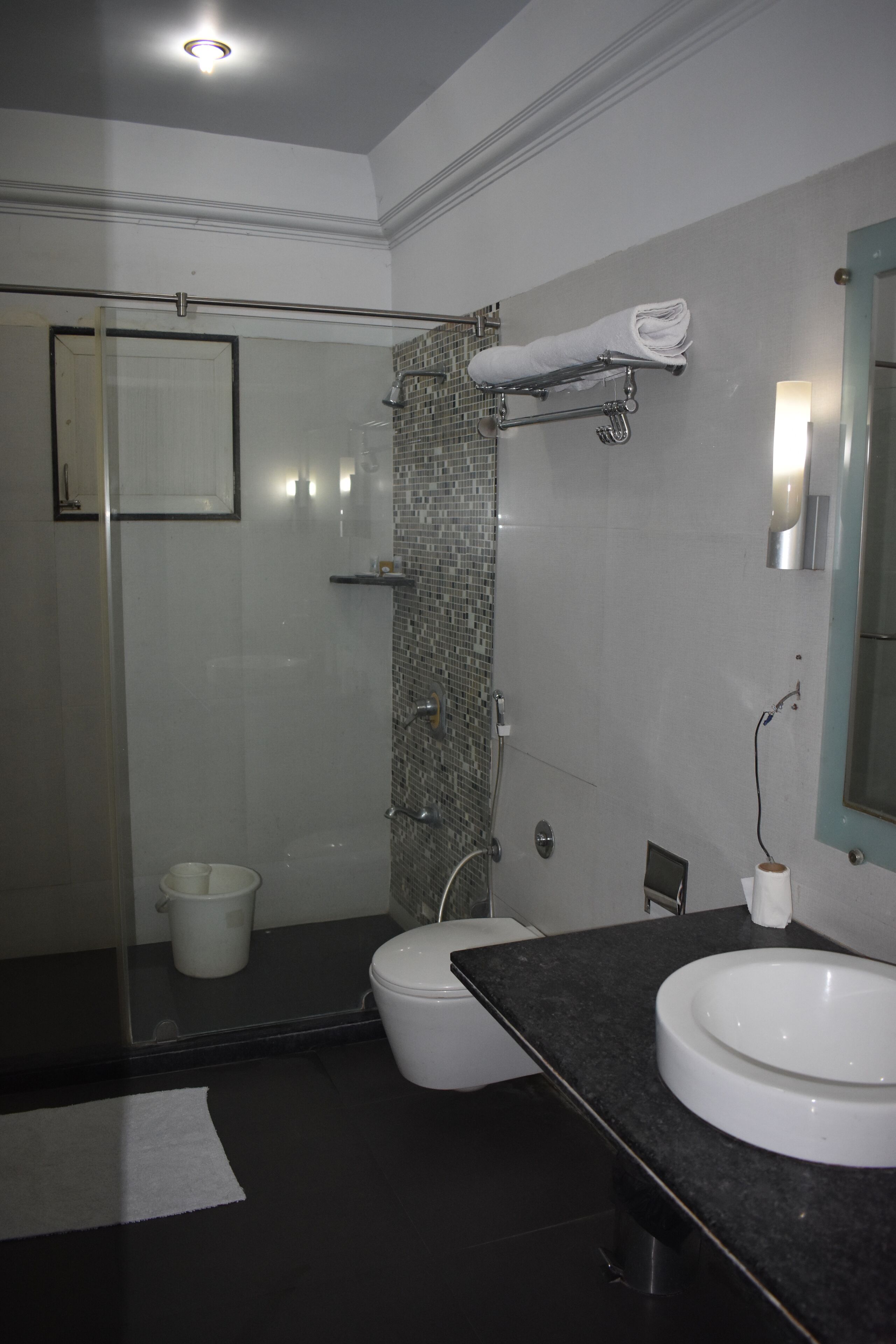 Un baño moderno con ducha de vidrio, inodoro blanco y un lavamanos grande.