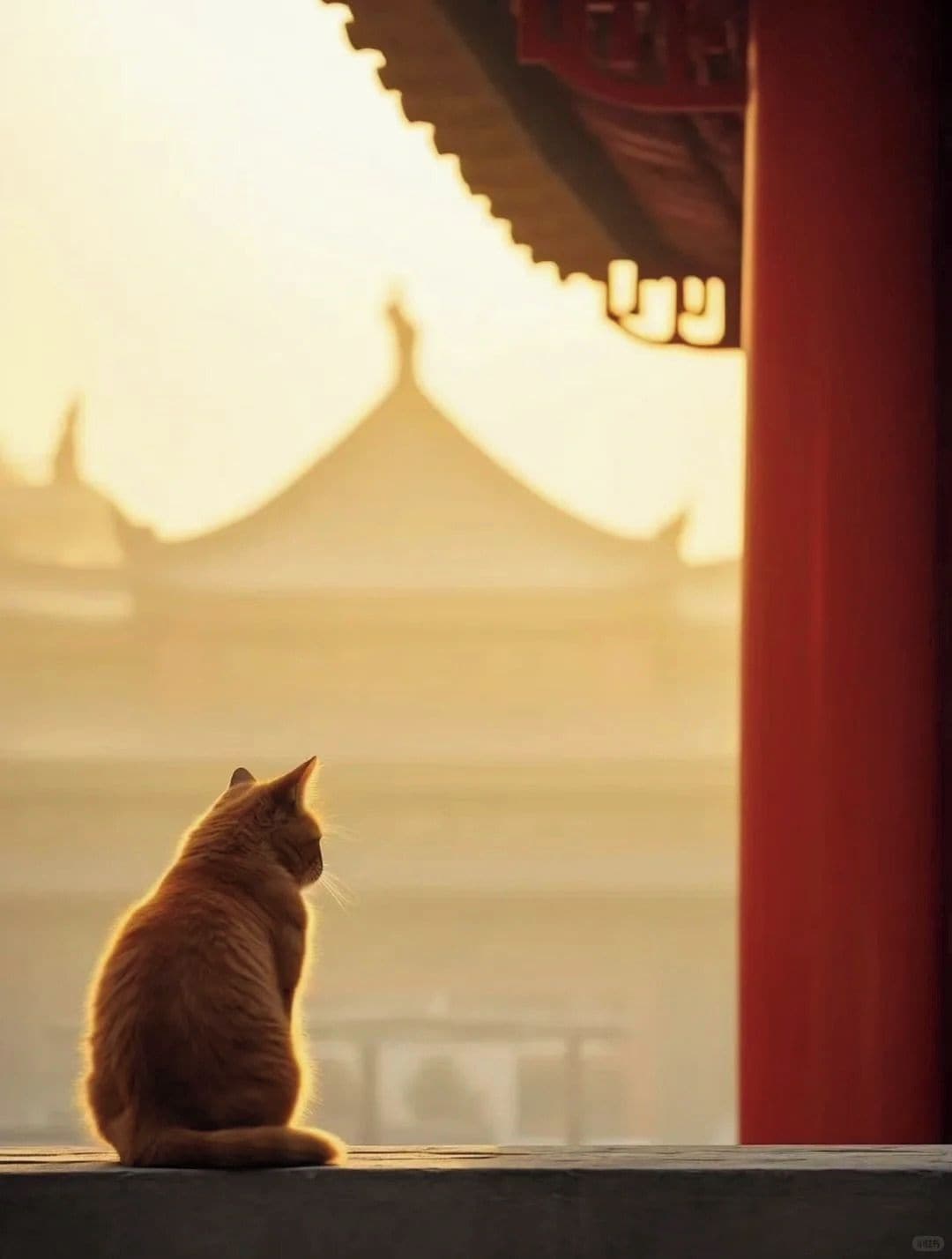Un gato sentado en un alero con vista a un edificio tradicional con una estructura de tejado particular.