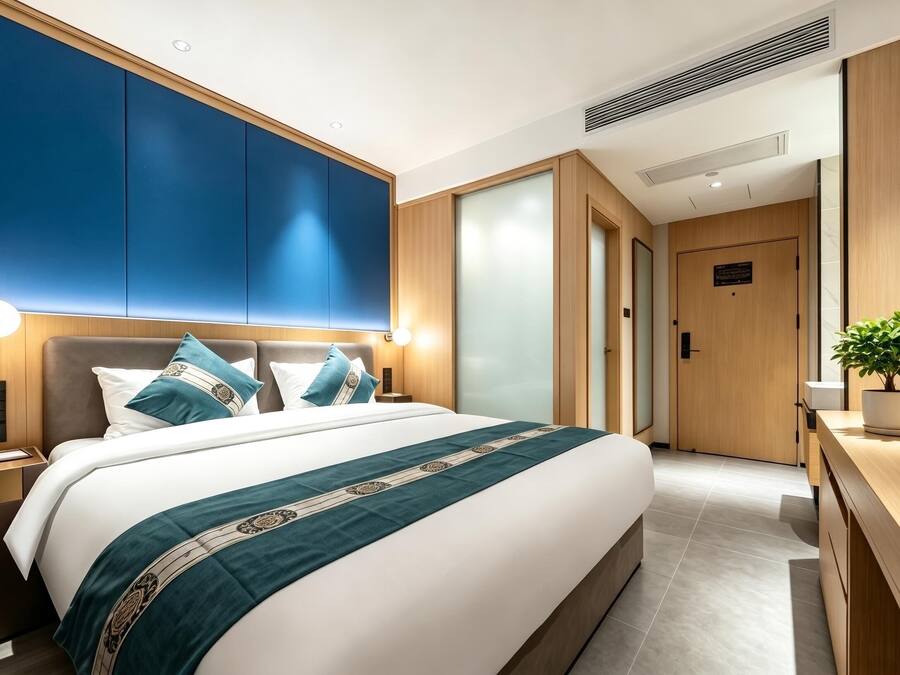 Quarto de hotel moderno com uma cama grande, mesas de cabeceira, uma escrivaninha e uma planta em vaso.