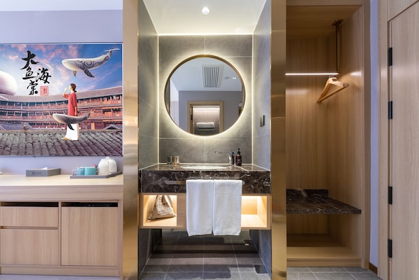 A modern bathroom with a marble sink, a round mirror, and a wooden shower enclosure. - East Sacred Hotel-near Beijing Tiananmen Square,the Forbidden City,Wangfujing Street-Newly renovated hotel (Beijing)