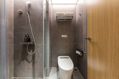 Shower, rainfall showerhead, free toiletries, hair dryer