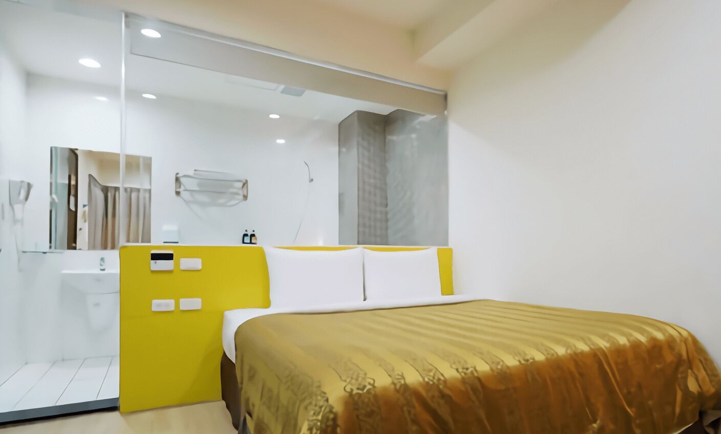 Habitación de hotel con cama, espejo, lavabo y zona de ducha.