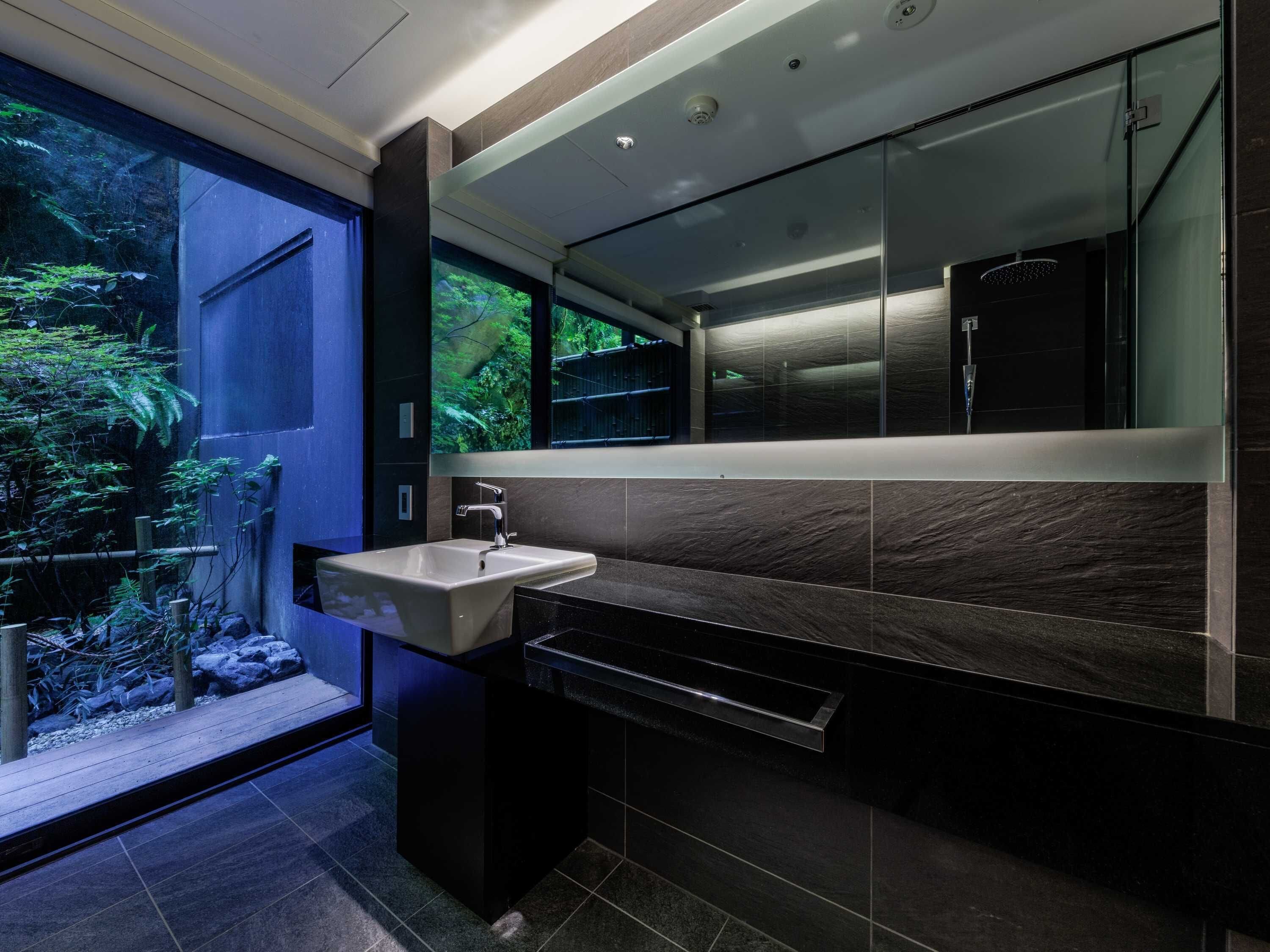 A modern bathroom with a large sink, dark tiles, and a glass door leading to a garden.