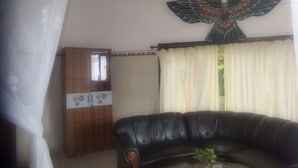Sala de estar com sofá de couro preto, um armário de madeira, mesa de centro de vidro com uma planta e ar condicionado fixado na parede.