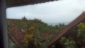 Vista de uma casa tradicional com telhado de azulejos e vegetação exuberante em primeiro plano.