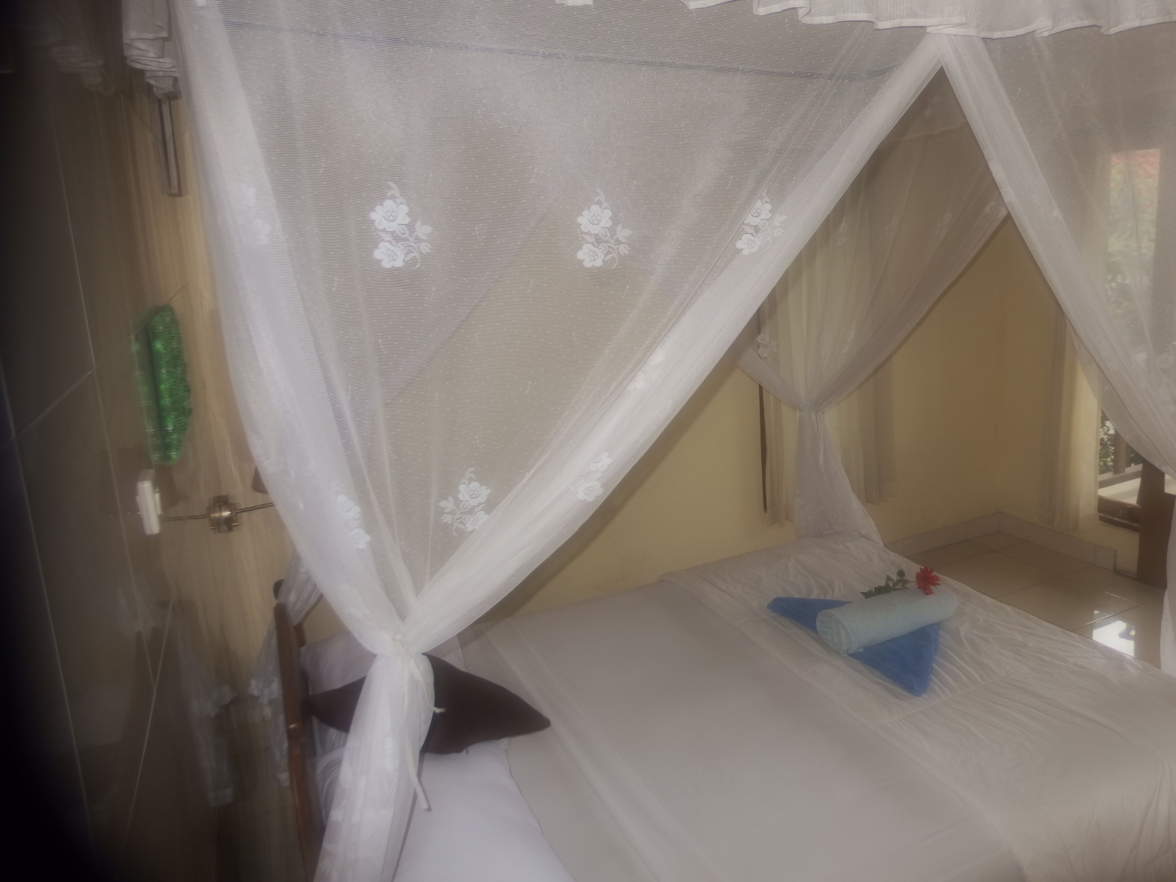 Una habitación con una cama cubierta por un dosel blanco y una mosquitera.