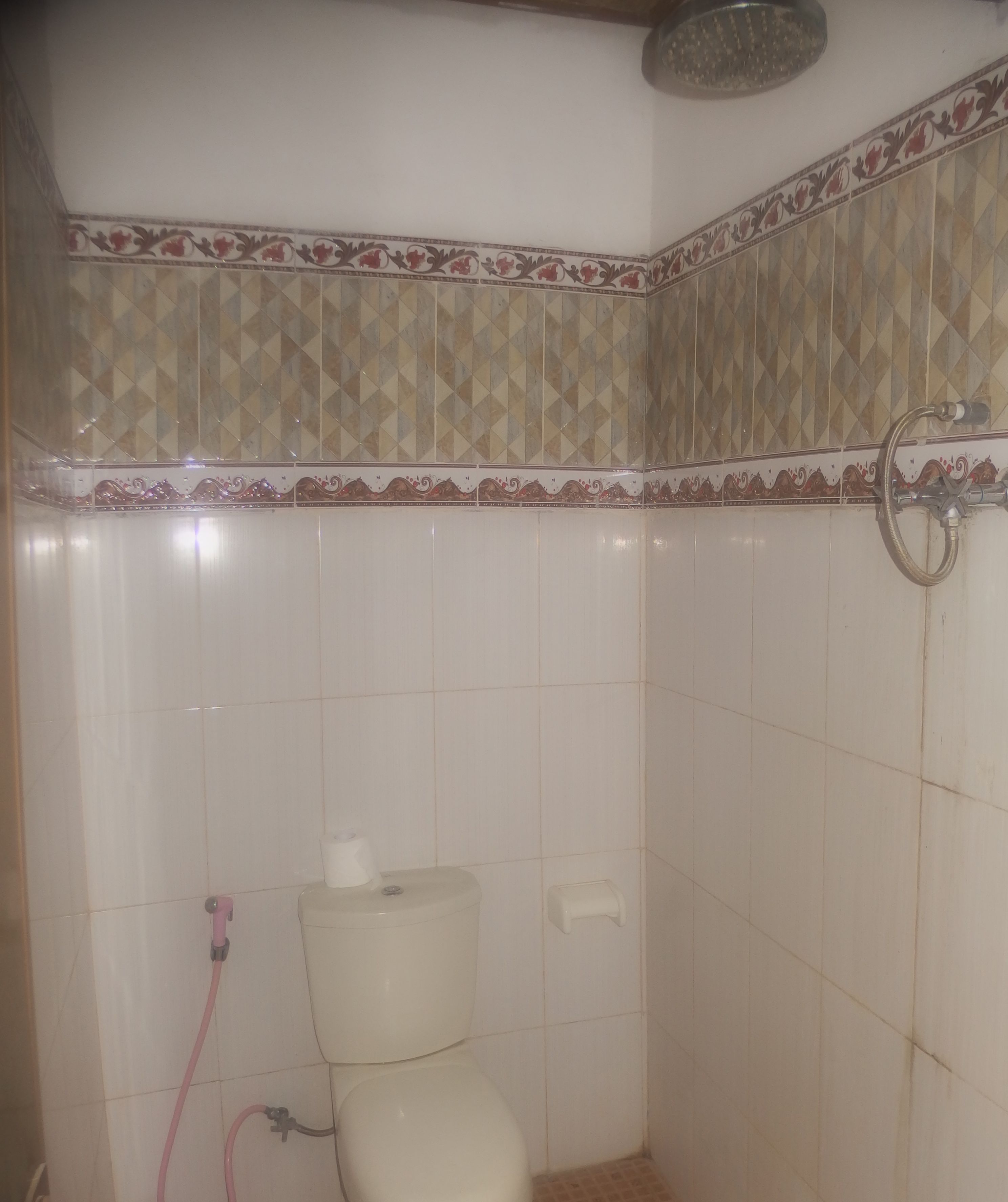 A bathroom with a toilet, a shower, and a towel rack.