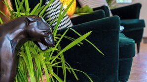 Un sillón verde con un cojín decorativo, una planta en maceta y una escultura negra sobre un suelo de baldosas.