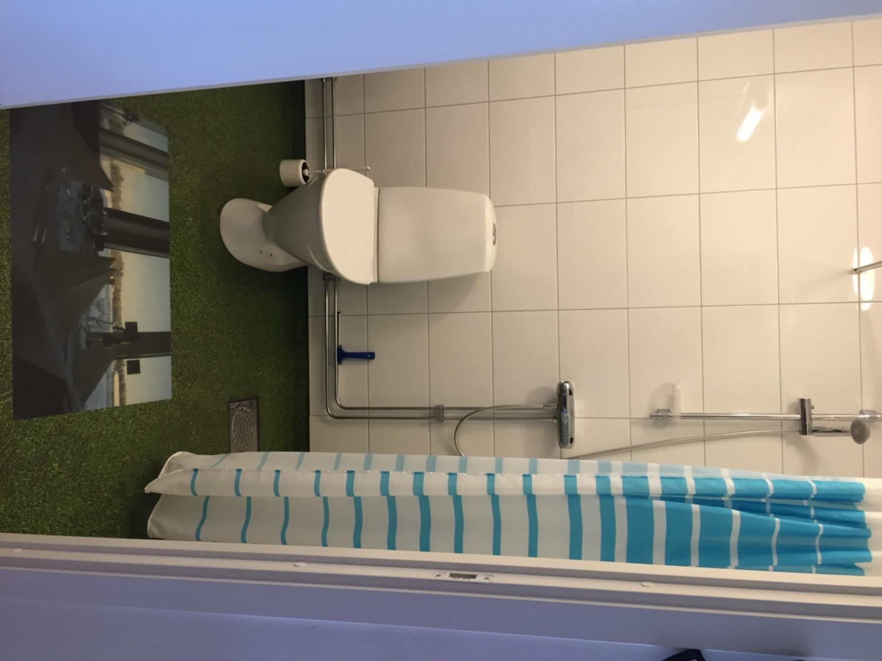 Un baño con inodoro, ducha y toallero.