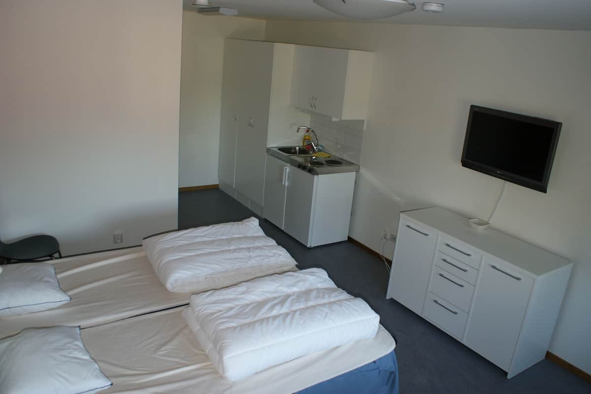 A hotel room with a bed, a desk, a chair, a TV, and a kitchenette.