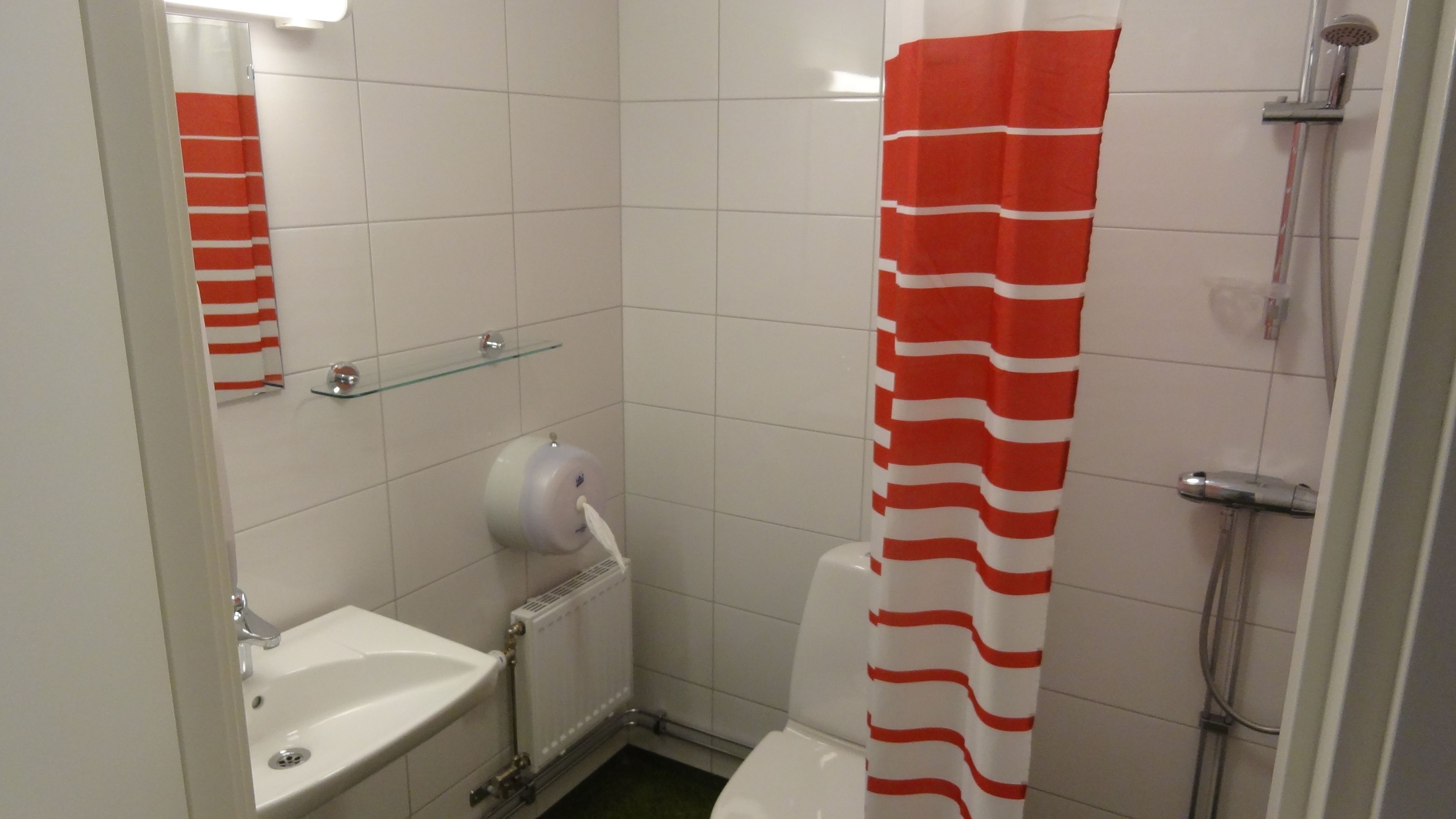 A small bathroom with a toilet, a sink, a glass shelf, and a shower.