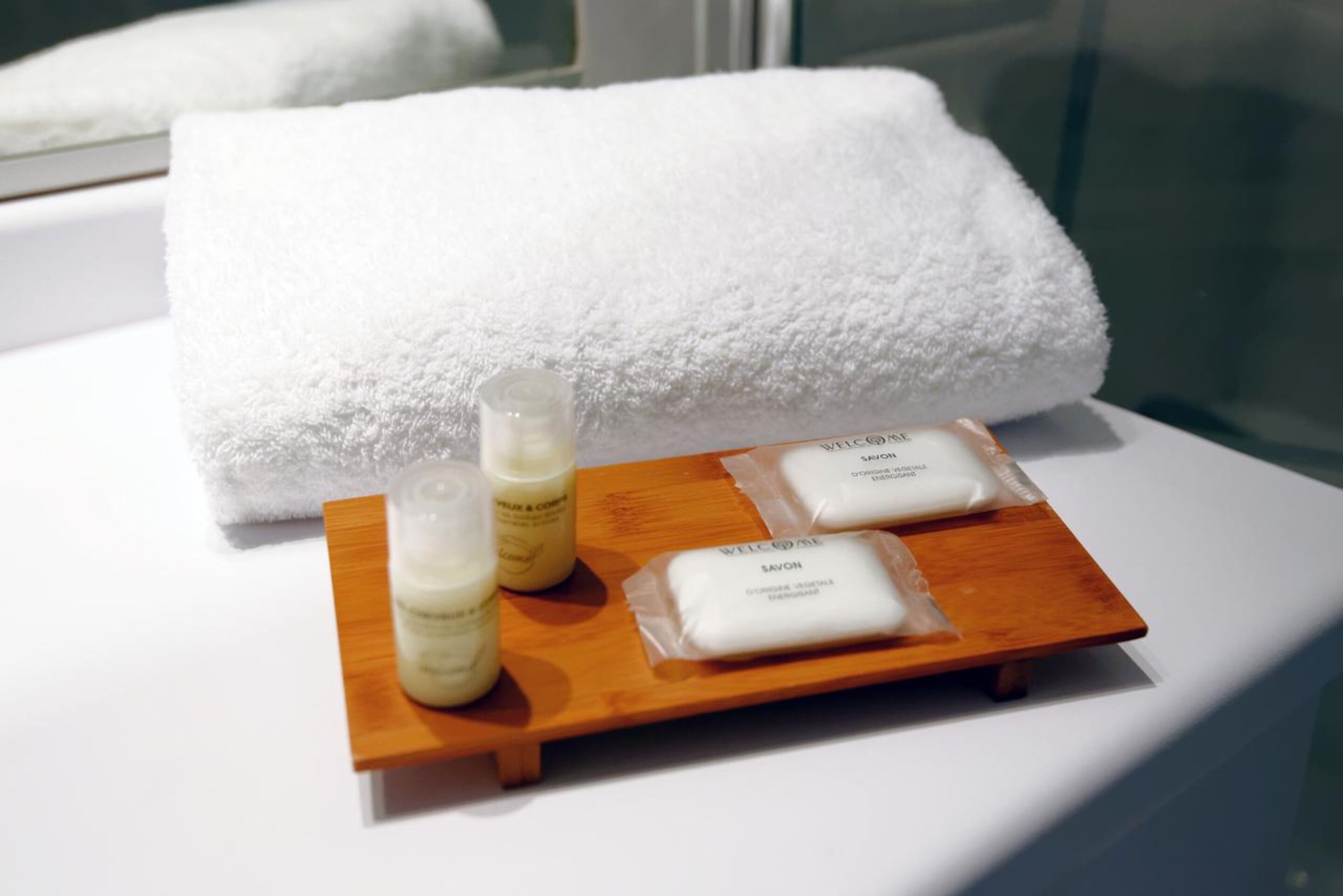 free toiletries, hair dryer, towels