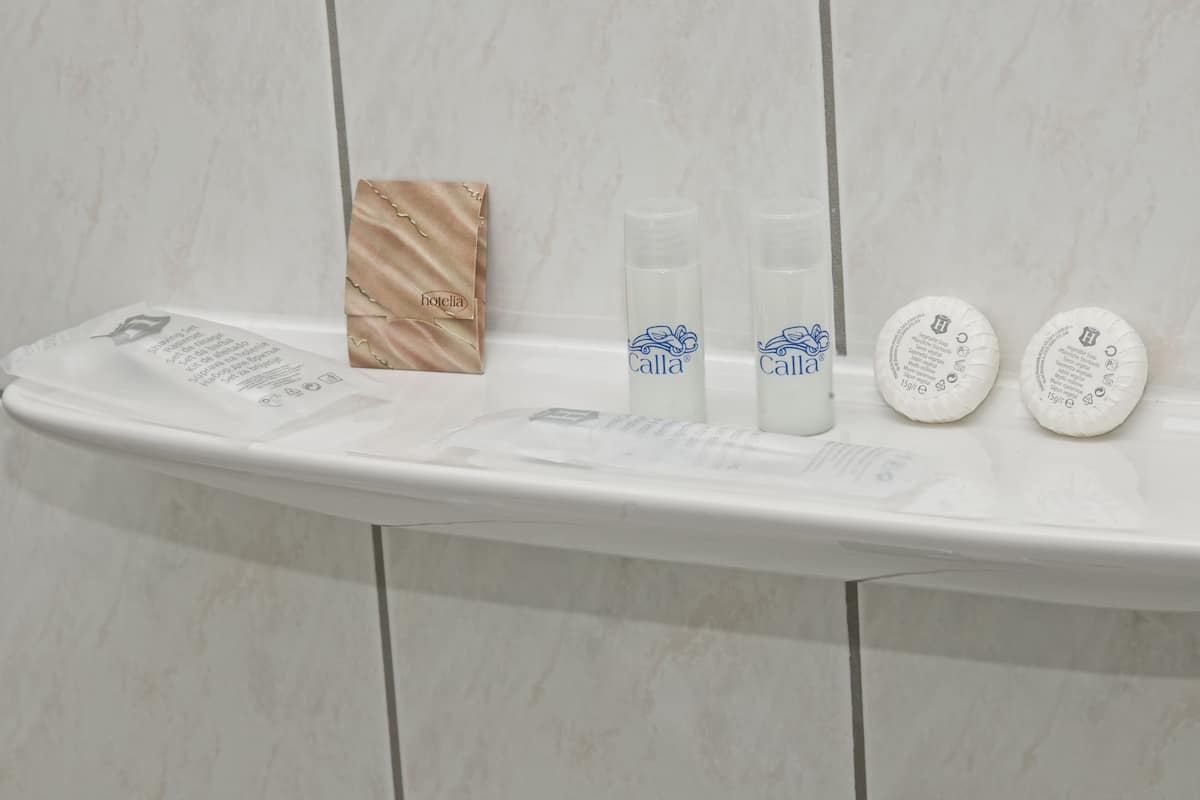 shower, free toiletries, hair dryer, towels