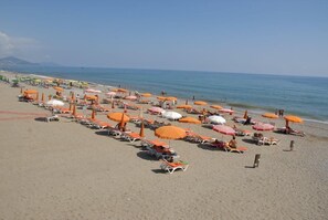 Une plage bordée de rangées de chaises longues et de parasols, un ciel dégagé et la mer en arrière-plan.