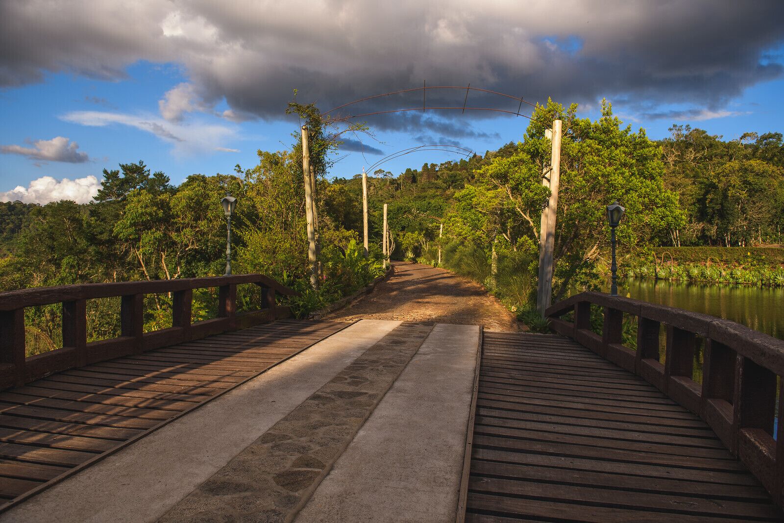 A wooden bridge with railings, leading to a forested area with a body of water.