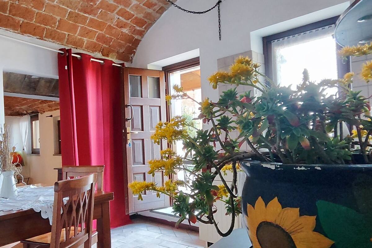 A dining area with a table set for two, a red curtain, and a large potted plant with yellow flowers.