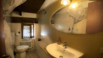 A bathroom with a toilet, sink, and a window with curtains.