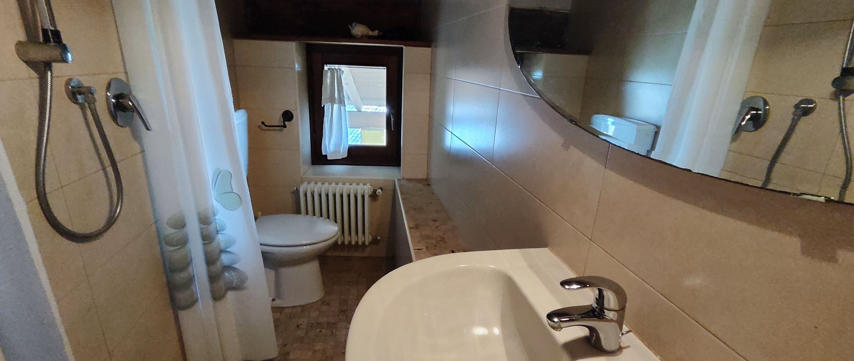 A bathroom with a white sink, a toilet, and a shower area.