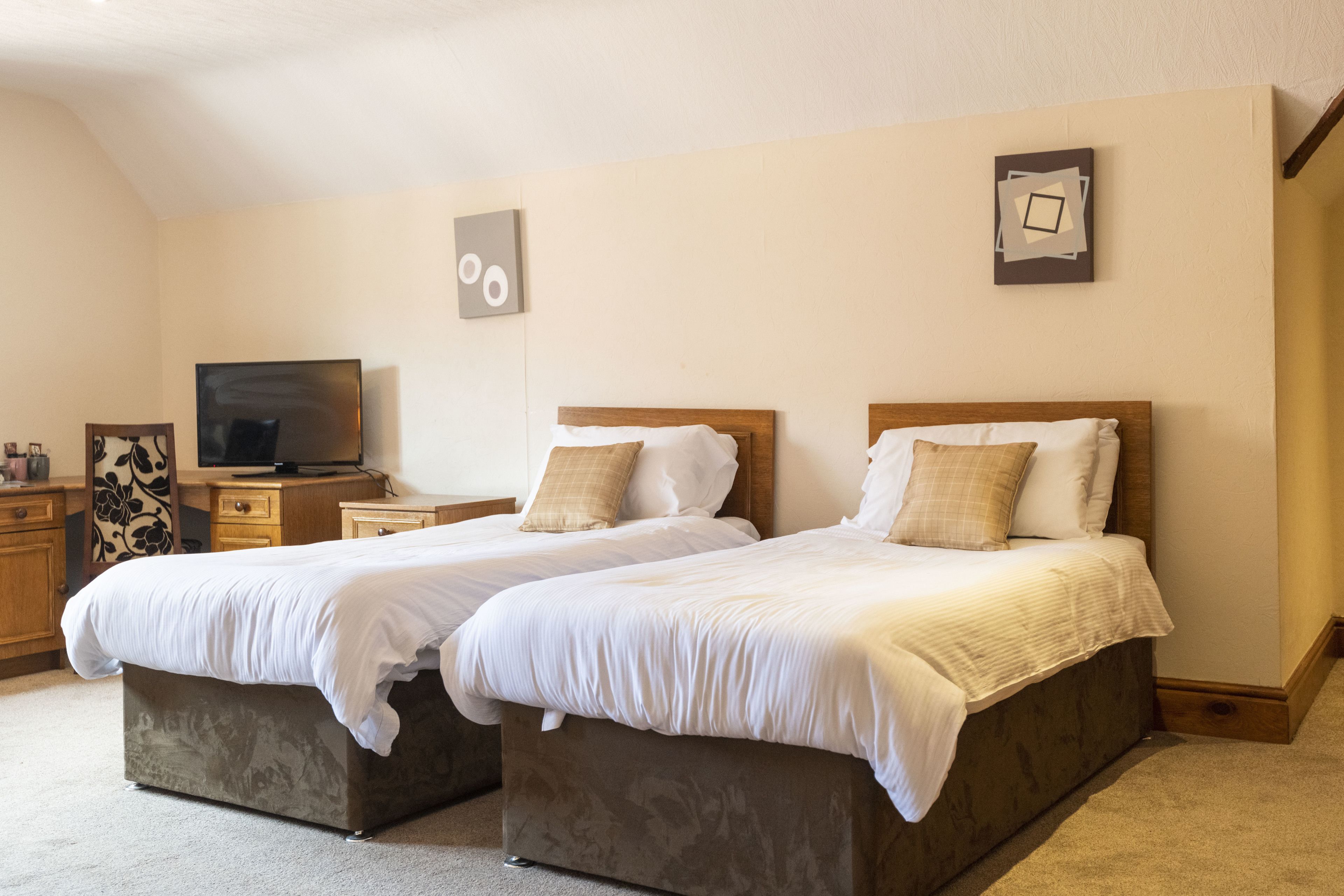 A double bed with a wooden headboard, a bedside table, and a television on a stand.