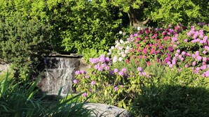 A garden with a waterfall and blooming flowers. - De Wapser Herberg (Wapse)