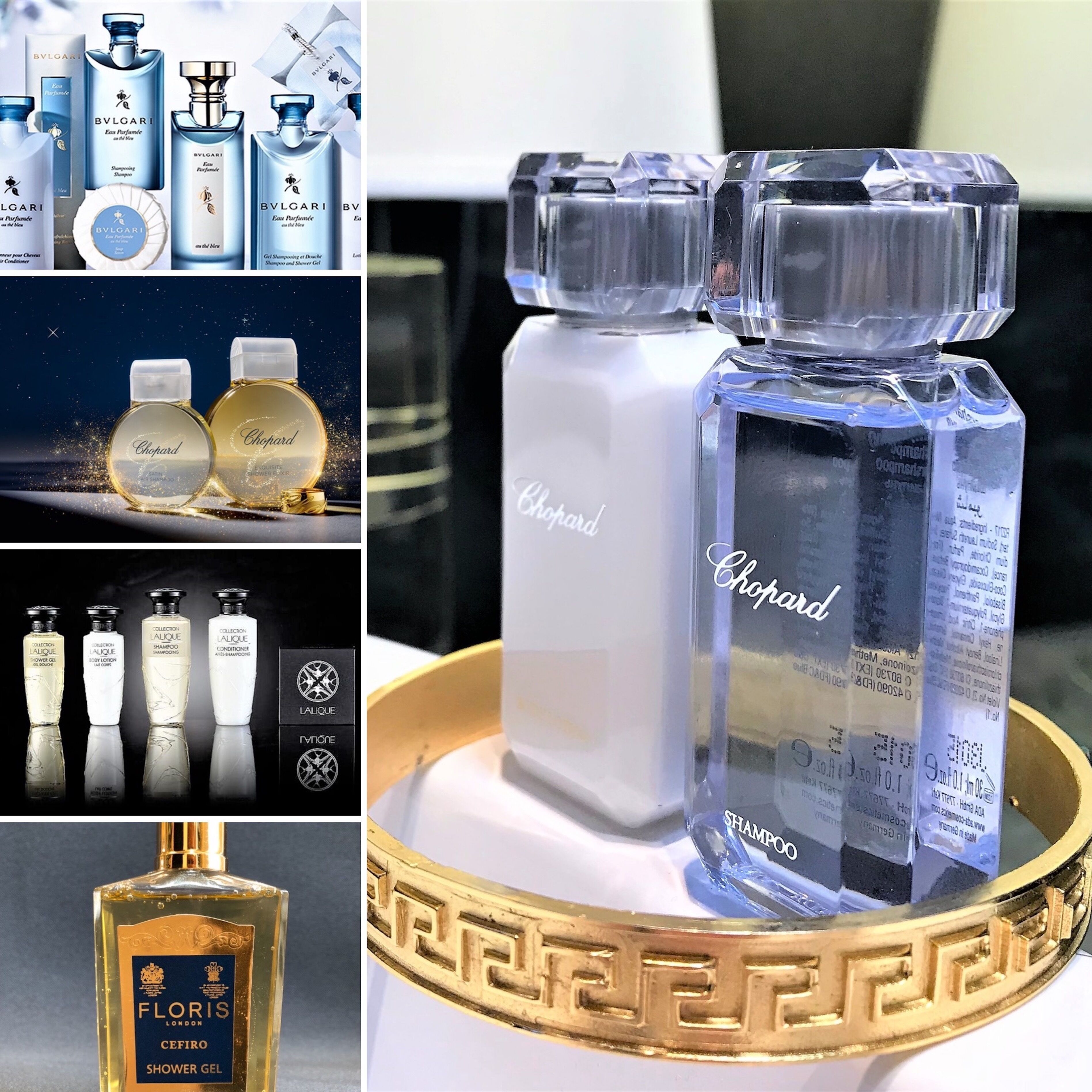 Una selección de productos de tocador de lujo, incluyendo Bvlgari, Chopard, L'ALIQUE y Floris.