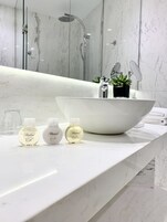 A modern bathroom with a large white sink, a handheld showerhead, and a small potted plant on the counter.