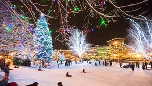A snowy outdoor area with people sledding and a large decorated Christmas tree. - La Cabina (Leavenworth)