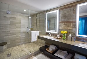 Tina con regadera, amenidades de baño de diseñador, secadora de cabello