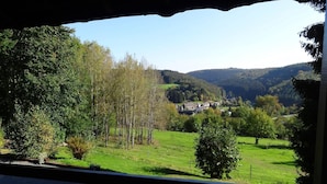 A view of a rural landscape with a house surrounded by trees and open fields.