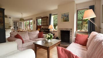 Een televisie, een open haard en een dvd-speler