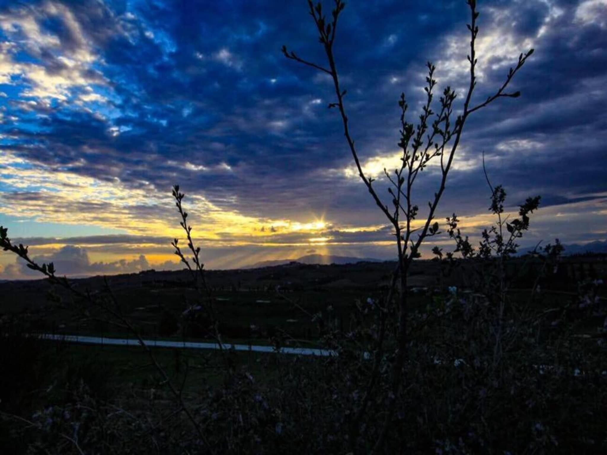 A landscape with a clear sky and a sunset.