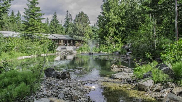 A rustic cabin with a pond, surrounded by dense forest. - Bonners Ferry Log Inn (Bonners Ferry)