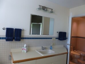 A bathroom with a sink, mirror, and two towels hanging on the wall.