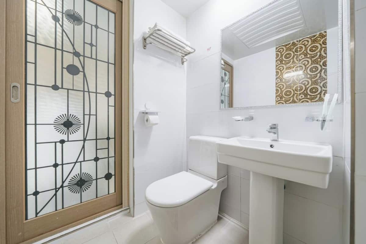 shower, free toiletries, hair dryer, towels