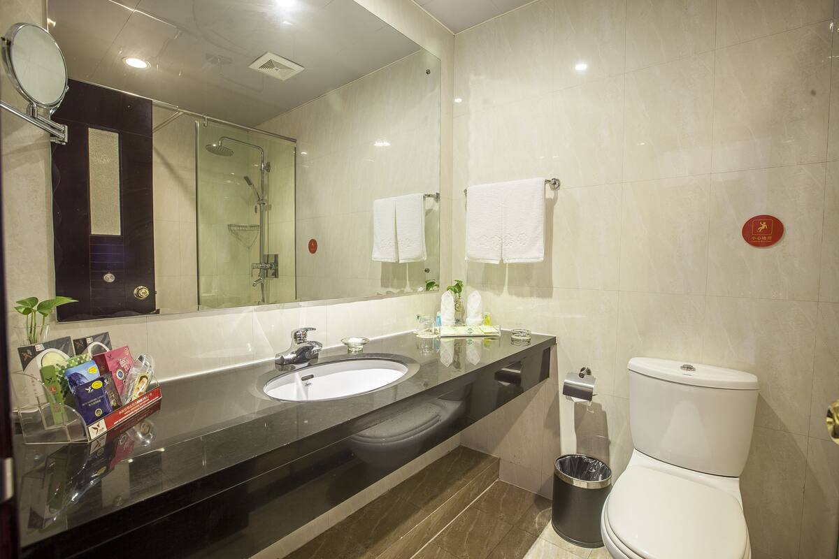Ein modernes Badezimmer mit schwarzem Waschtisch, zwei Waschbecken, einer Duschkabine aus Glas, einer Toilette und einem Mülleimer.