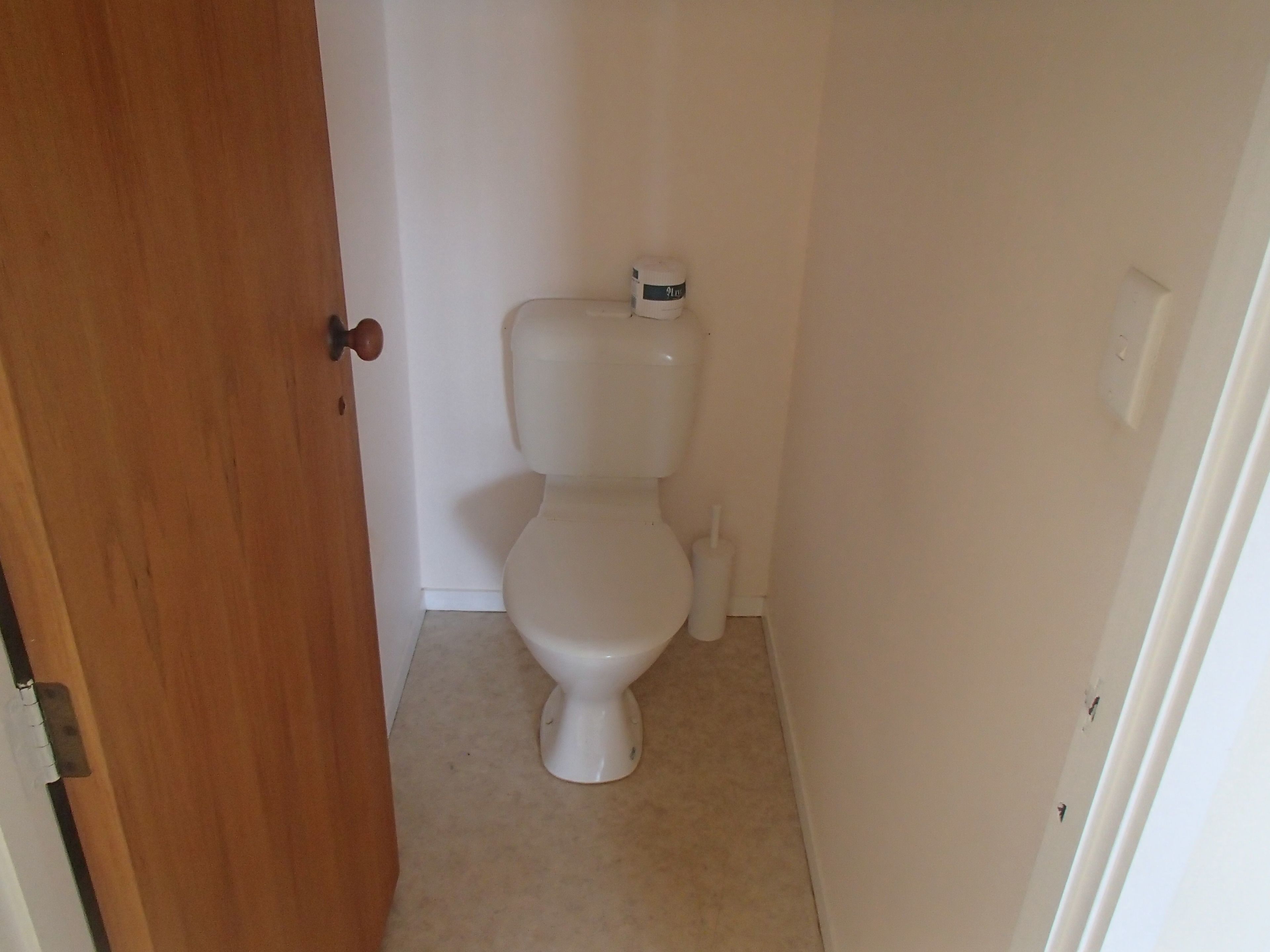 Un baño pequeño y estrecho con un inodoro, un escobillón y una puerta blanca.