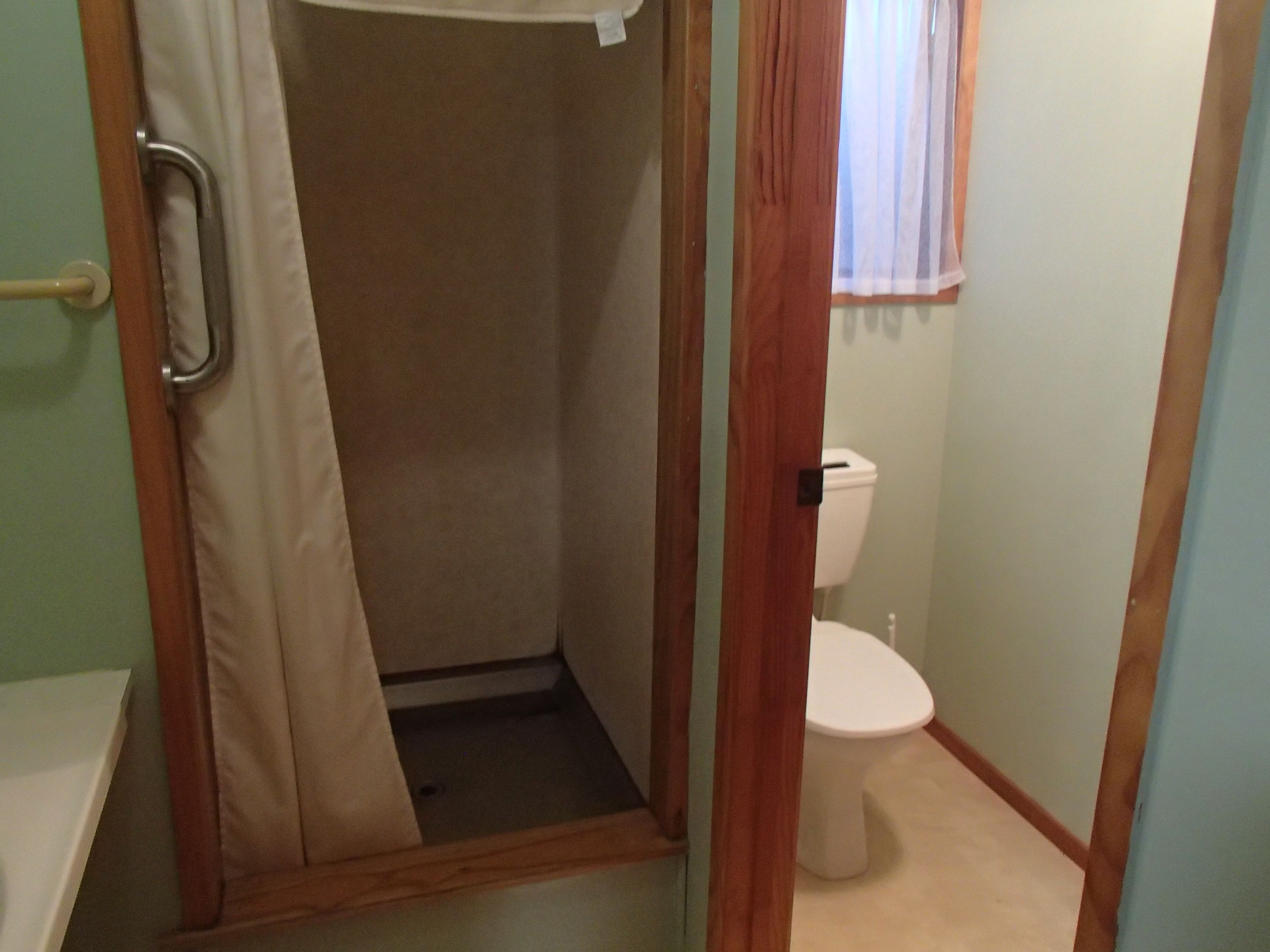 A bathroom with a shower, toilet, and a wooden door frame.