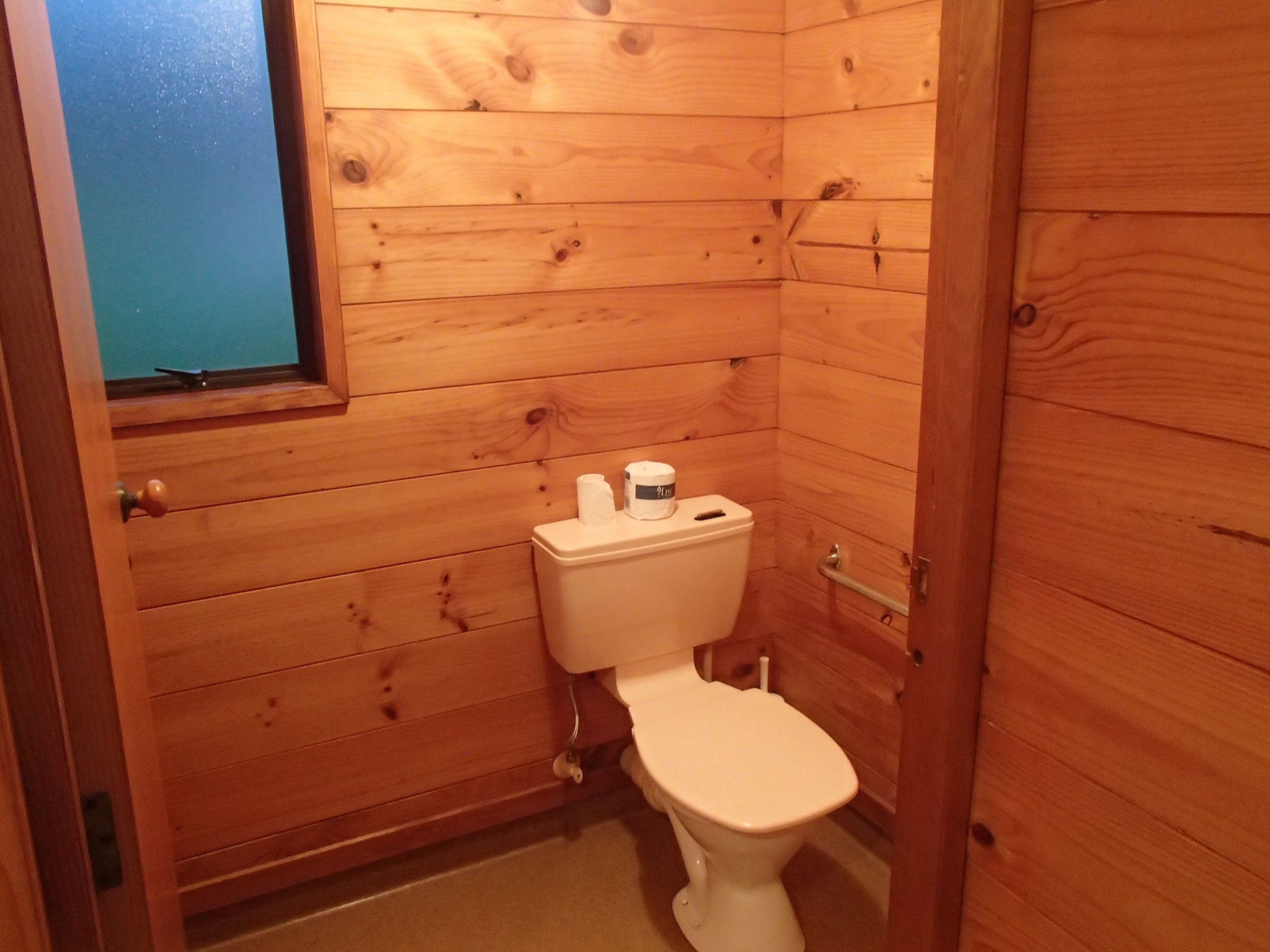 A small wooden bathroom with a toilet, a window, and a wooden door.