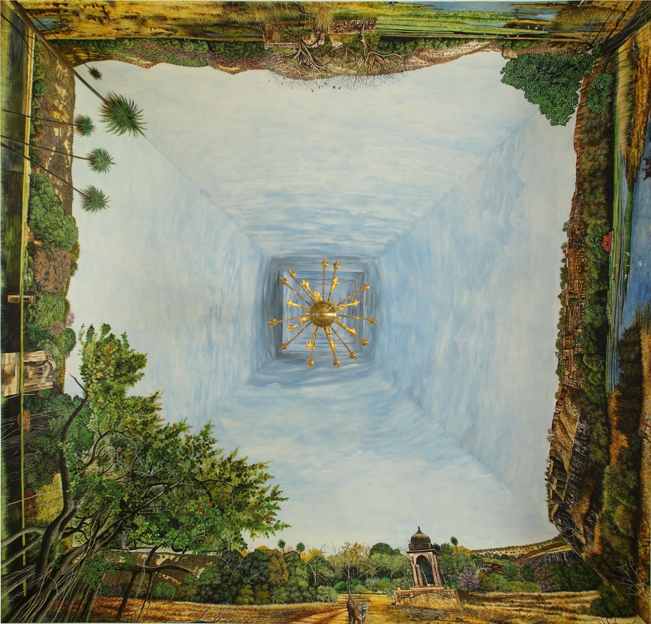 Una habitación con un amplio y ornamentado diseño en el techo, un candelabro central y vistas a un paisaje con árboles y una construcción pequeña.