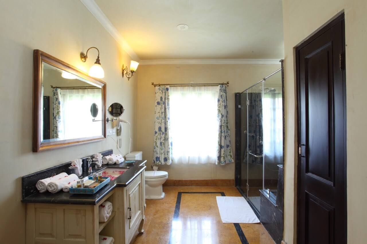 A bathroom with a vanity, mirror, toilet, shower, and a door.