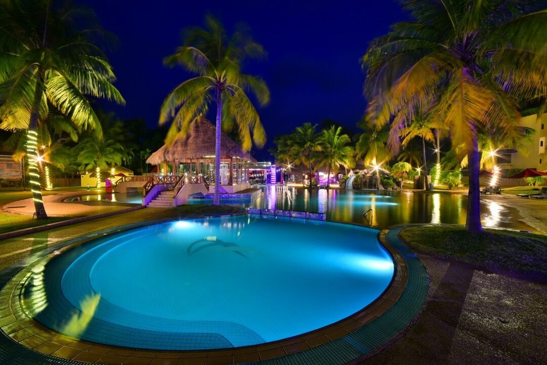 Un espace piscine nocturne agrémenté de palmiers et doté d’une structure à toit de chaume.