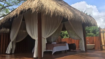 Outdoor treatment area, sauna, body treatments, body scrubs, facials