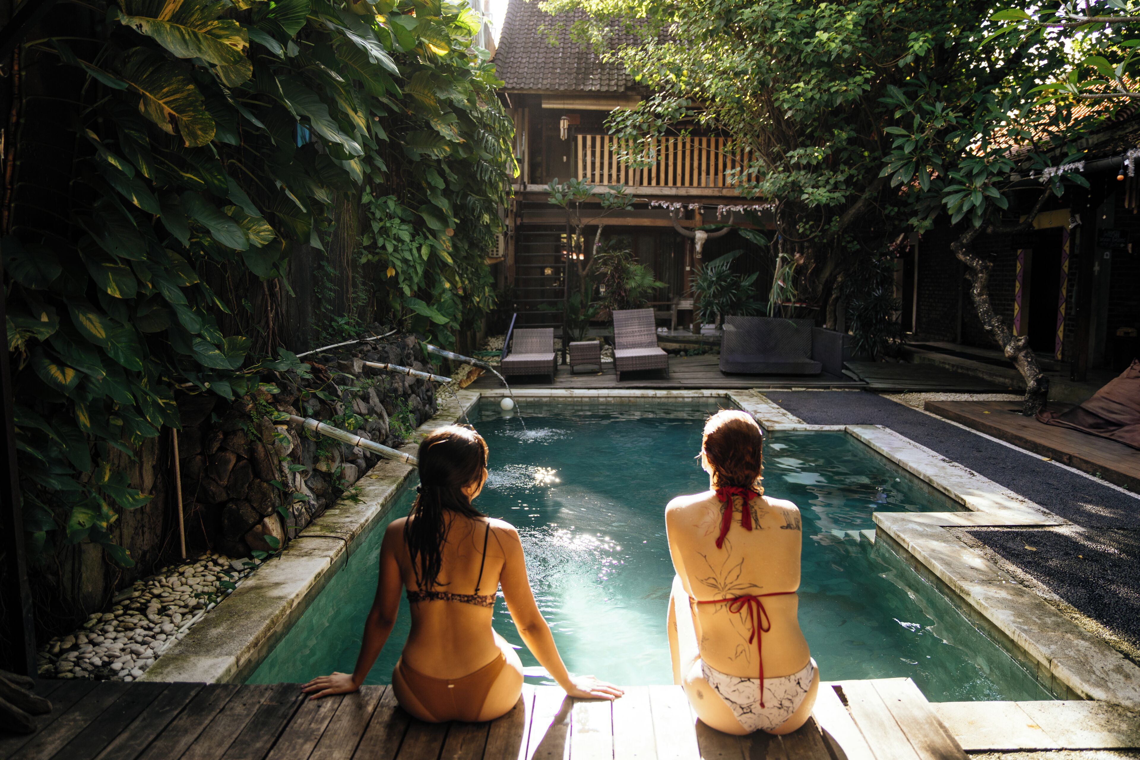 Outdoor pool, pool loungers