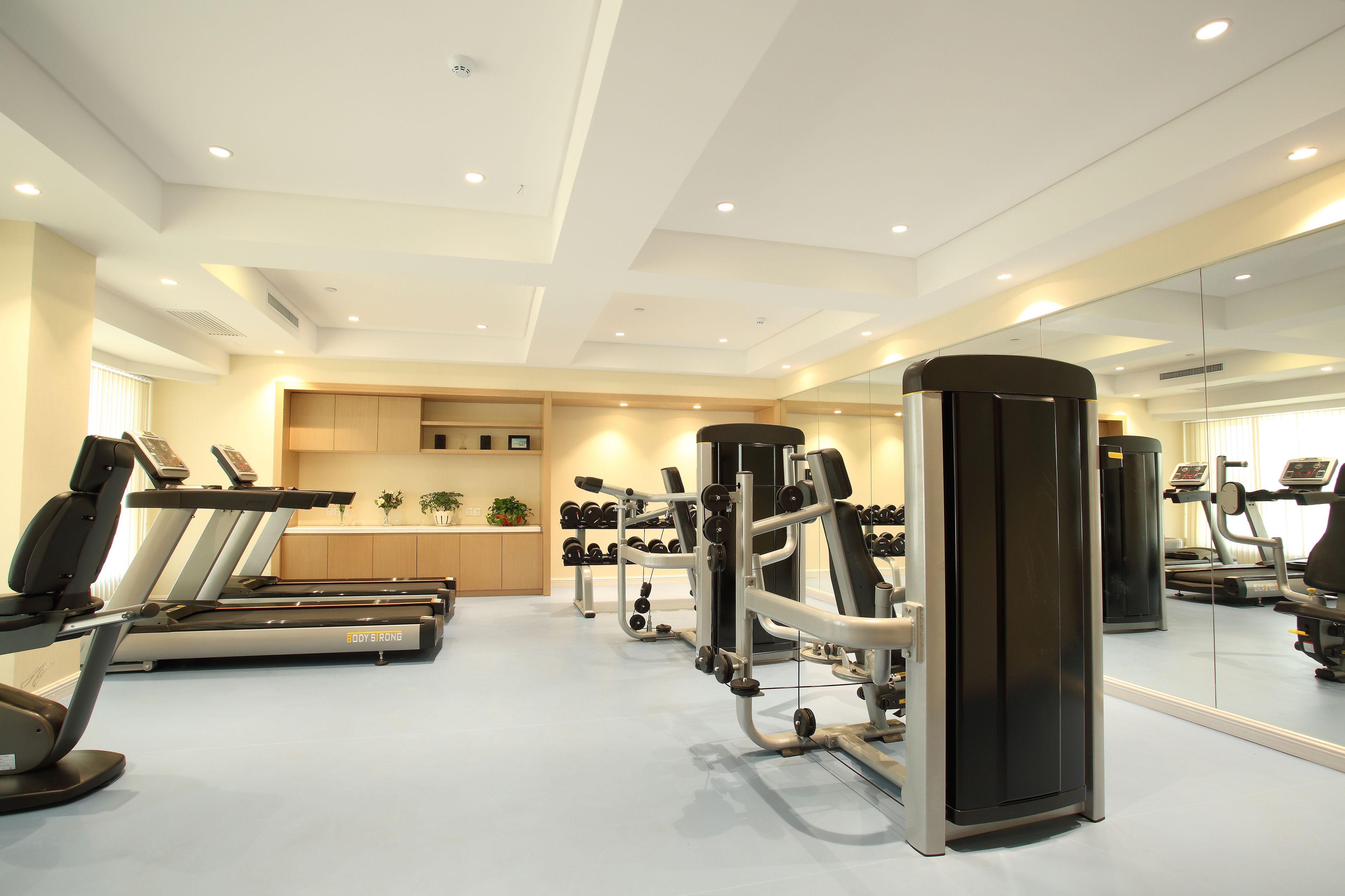 Une salle de sport équipée de tapis de course, d’appareils de musculation et d’haltères.