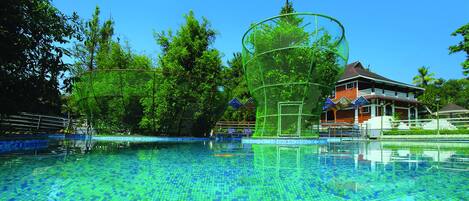 Outdoor pool, pool umbrellas, pool loungers