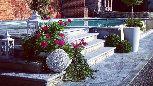 Zona de piscina con escalones que conducen a un edificio, rodeada de plantas en macetas y un muro de ladrillo.