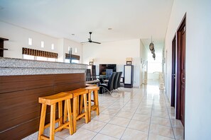 Fridge, microwave, cookware/dishes/utensils