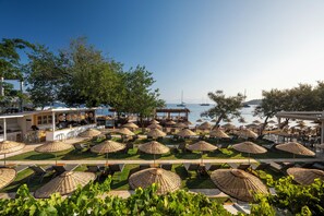 A coastal resort with outdoor seating areas, umbrellas, and a view of the sea. - Daphnis Hotel (Bodrum)